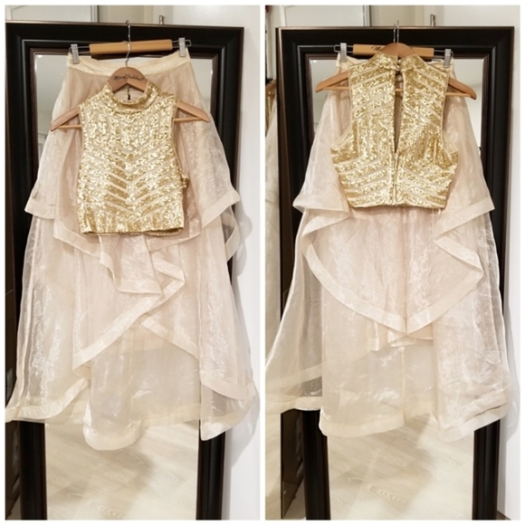 Social Code ✦ Champagne Skirt Set ✦ Sequin Halter Crop + Ruffle Chiffon High-Low - Picture 10 of 16